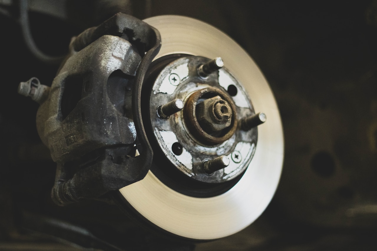 Close-up of a classic car disc brake assembly